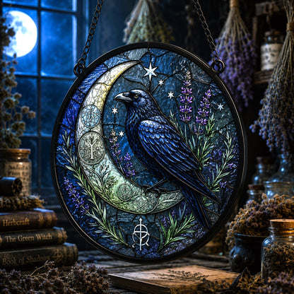 Raven Herb Moon Seal Glass Suncatcher - close up detail