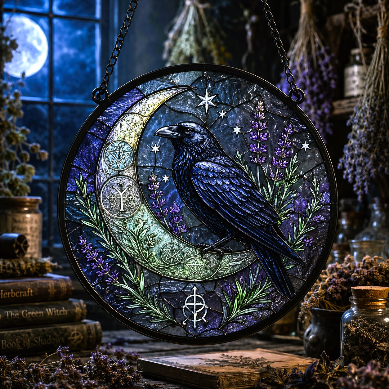 Raven Herb Moon Seal Glass Suncatcher - window display