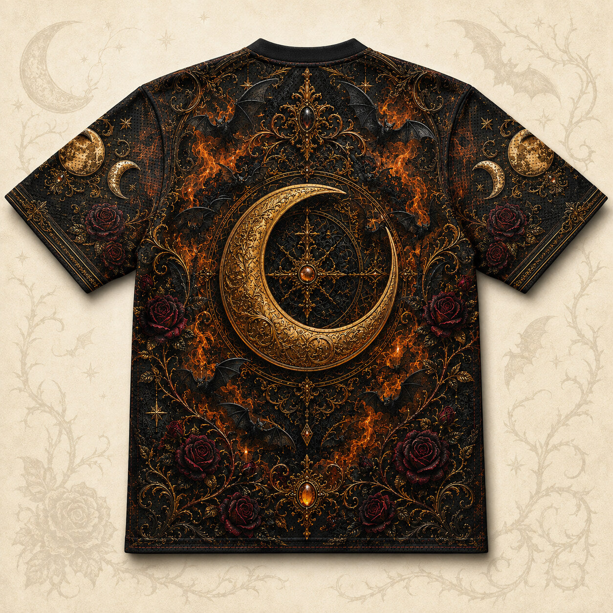 Raven Horned Moon Goddess Halloween T-Shirt Pumpkin Gothic Tee back view