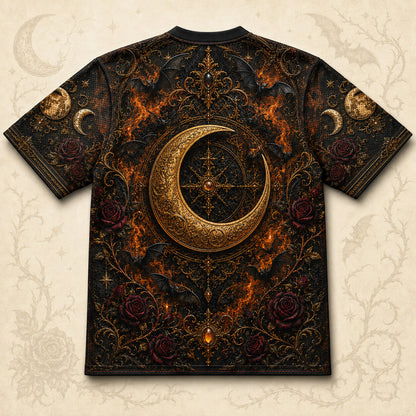 Raven Horned Moon Goddess Halloween T-Shirt Pumpkin Gothic Tee back view