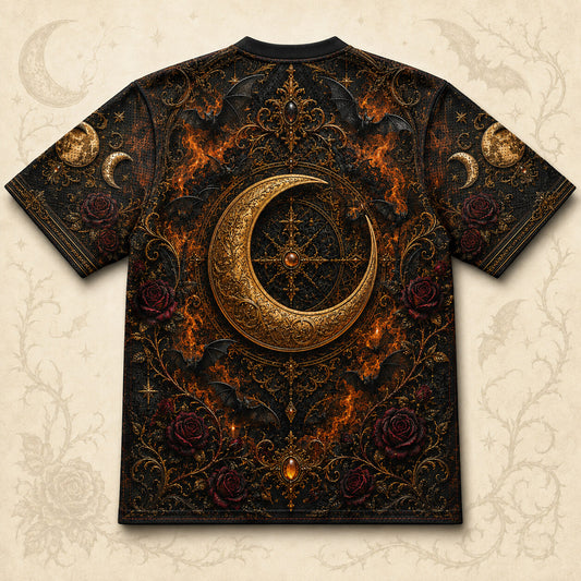 Raven Horned Moon Goddess Halloween T-Shirt Pumpkin Gothic Tee back view