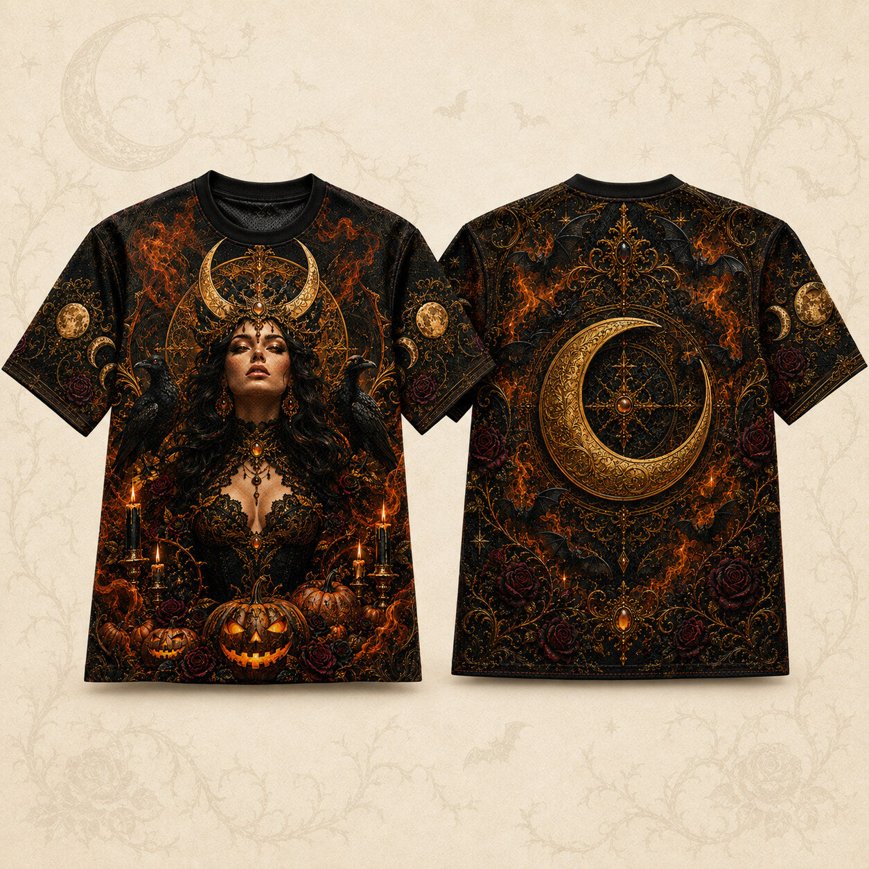 Raven Horned Moon Goddess Halloween T-Shirt Pumpkin Gothic Tee front and back together