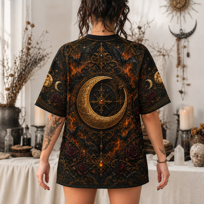 Raven Horned Moon Goddess Halloween T-Shirt Pumpkin Gothic Tee worn, back view