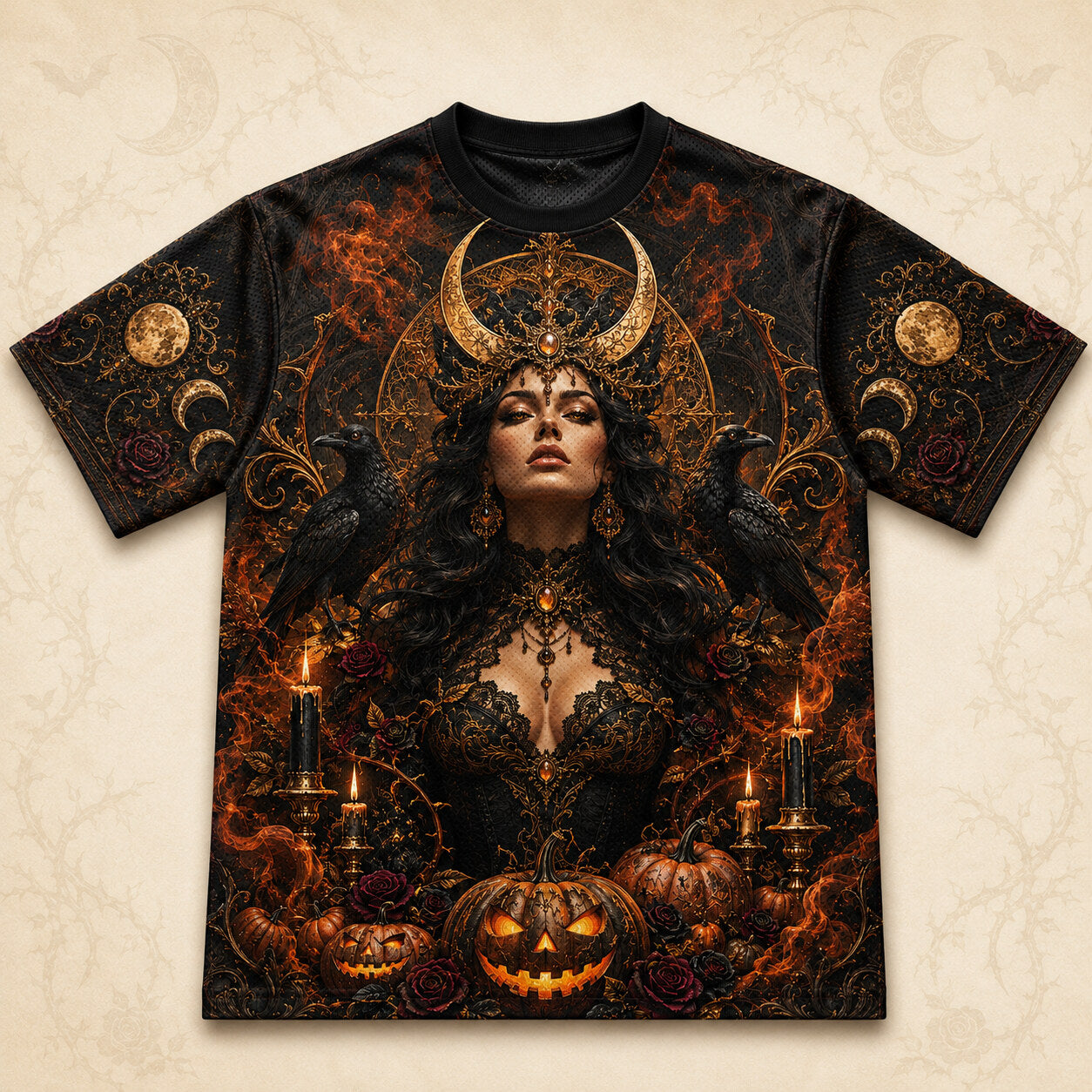 Raven Horned Moon Goddess Halloween T-Shirt Pumpkin Gothic Tee front view