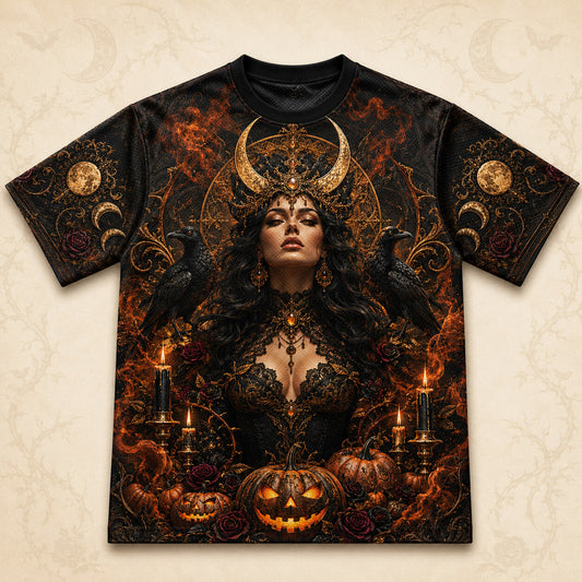 Raven Horned Moon Goddess Halloween T-Shirt Pumpkin Gothic Tee front view