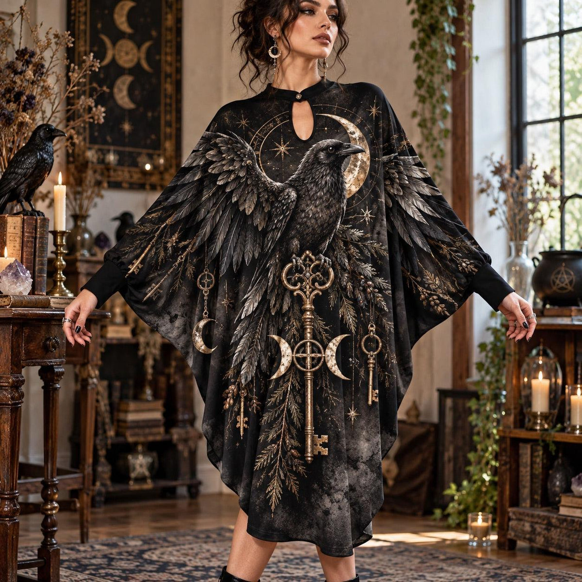 Raven Key Crossroads Witchy Batwing Dress – Triple Moon Gothic Midi – worn, front view
