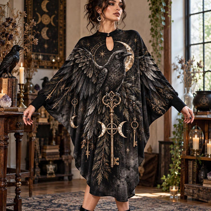 Raven Key Crossroads Witchy Batwing Dress – Triple Moon Gothic Midi – worn, front view