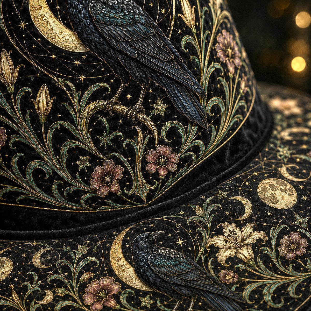 Raven Lily Witch Hat – Botanical Moon Pagan Wide Brim Hat – quilting and print detail