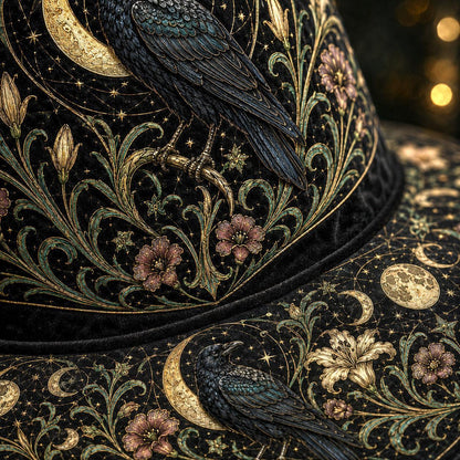 Raven Lily Witch Hat – Botanical Moon Pagan Wide Brim Hat – quilting and print detail