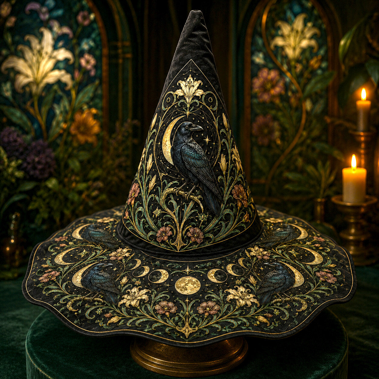 Raven Lily Witch Hat – Botanical Moon Pagan Wide Brim Hat – on an altar table