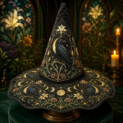 Raven Lily Witch Hat – Botanical Moon Pagan Wide Brim Hat – on an altar table