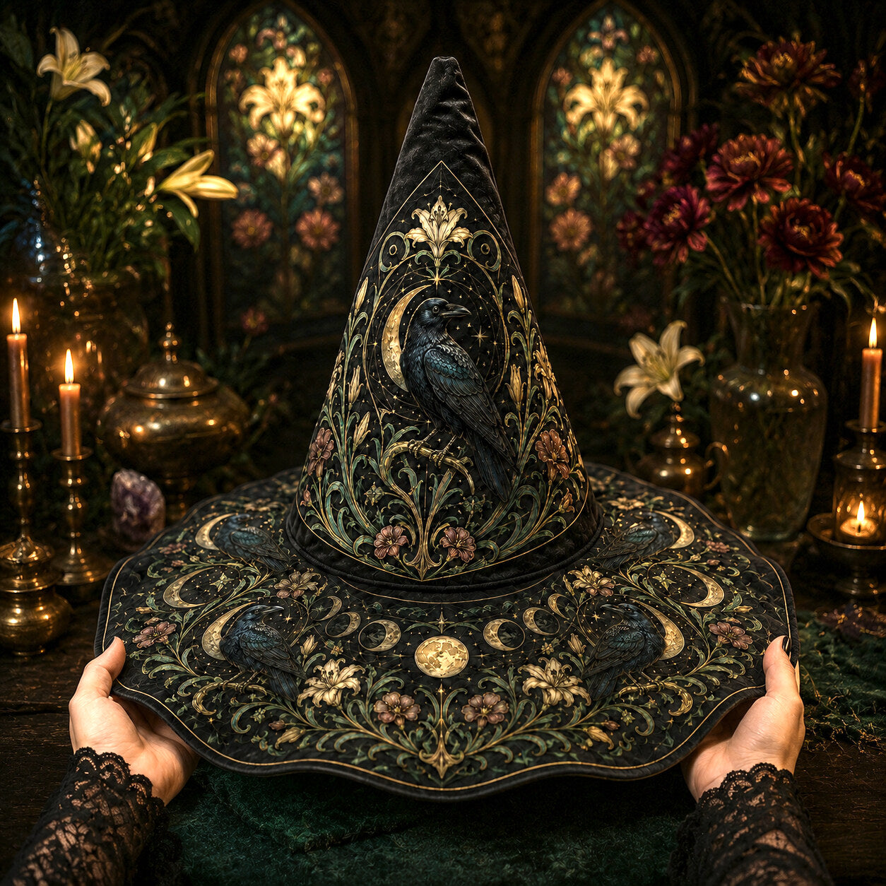 Raven Lily Witch Hat – Botanical Moon Pagan Wide Brim Hat – styled with candles and crystals
