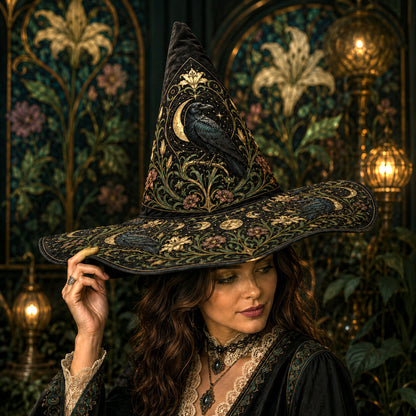 Raven Lily Witch Hat – Botanical Moon Pagan Wide Brim Hat – worn, front view