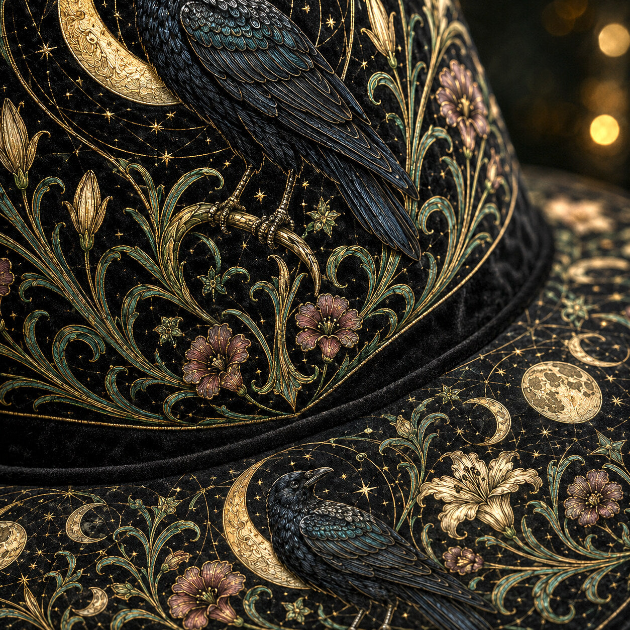 Raven Lily Witch Hat – Botanical Moon Pagan Wide Brim Hat – quilting and print detail