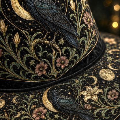 Raven Lily Witch Hat – Botanical Moon Pagan Wide Brim Hat – quilting and print detail
