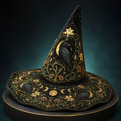 Raven Lily Witch Hat – Botanical Moon Pagan Wide Brim Hat – held in both hands