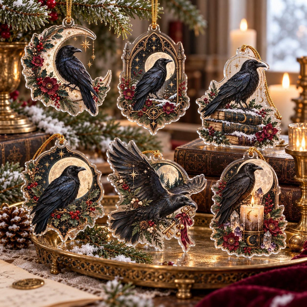Raven Moon Gothic Acrylic Ornament Set – Witchy Yule Christmas Decor – set of 6, another view
