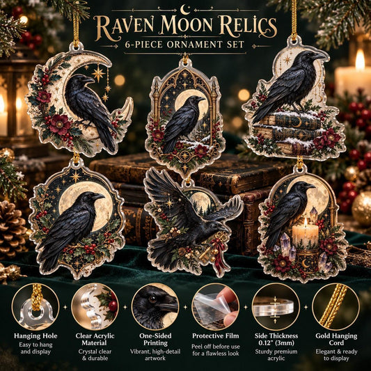 Raven Moon Gothic Acrylic Ornament Set – Witchy Yule Christmas Decor – ornament size and details