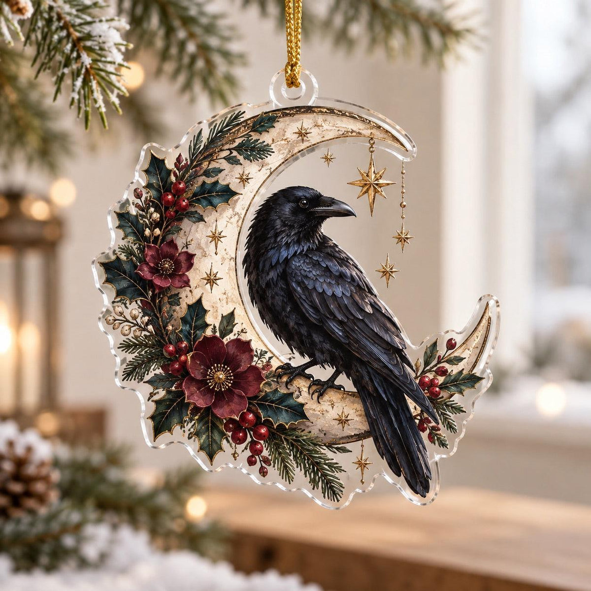 Raven Moon Gothic Acrylic Ornament Set – Witchy Yule Christmas Decor – Crescent Raven ornament