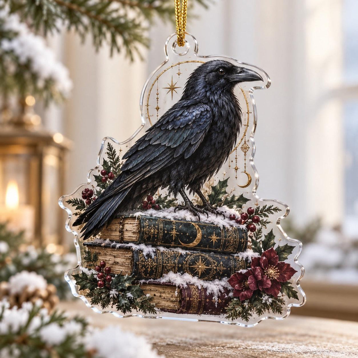 Raven Moon Gothic Acrylic Ornament Set – Witchy Yule Christmas Decor – Spellbook Raven ornament