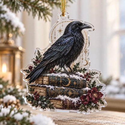 Raven Moon Gothic Acrylic Ornament Set – Witchy Yule Christmas Decor – Spellbook Raven ornament