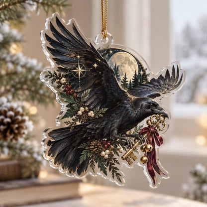Raven Moon Gothic Acrylic Ornament Set – Witchy Yule Christmas Decor – Key Bearer Raven ornament
