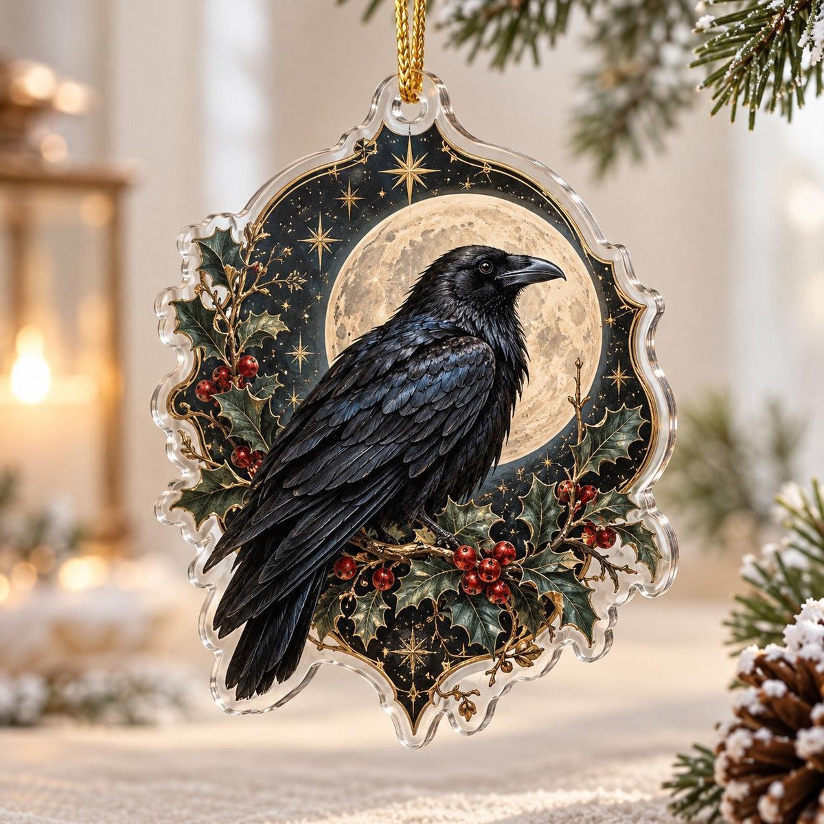 Raven Moon Gothic Acrylic Ornament Set – Witchy Yule Christmas Decor – Full Moon Raven ornament