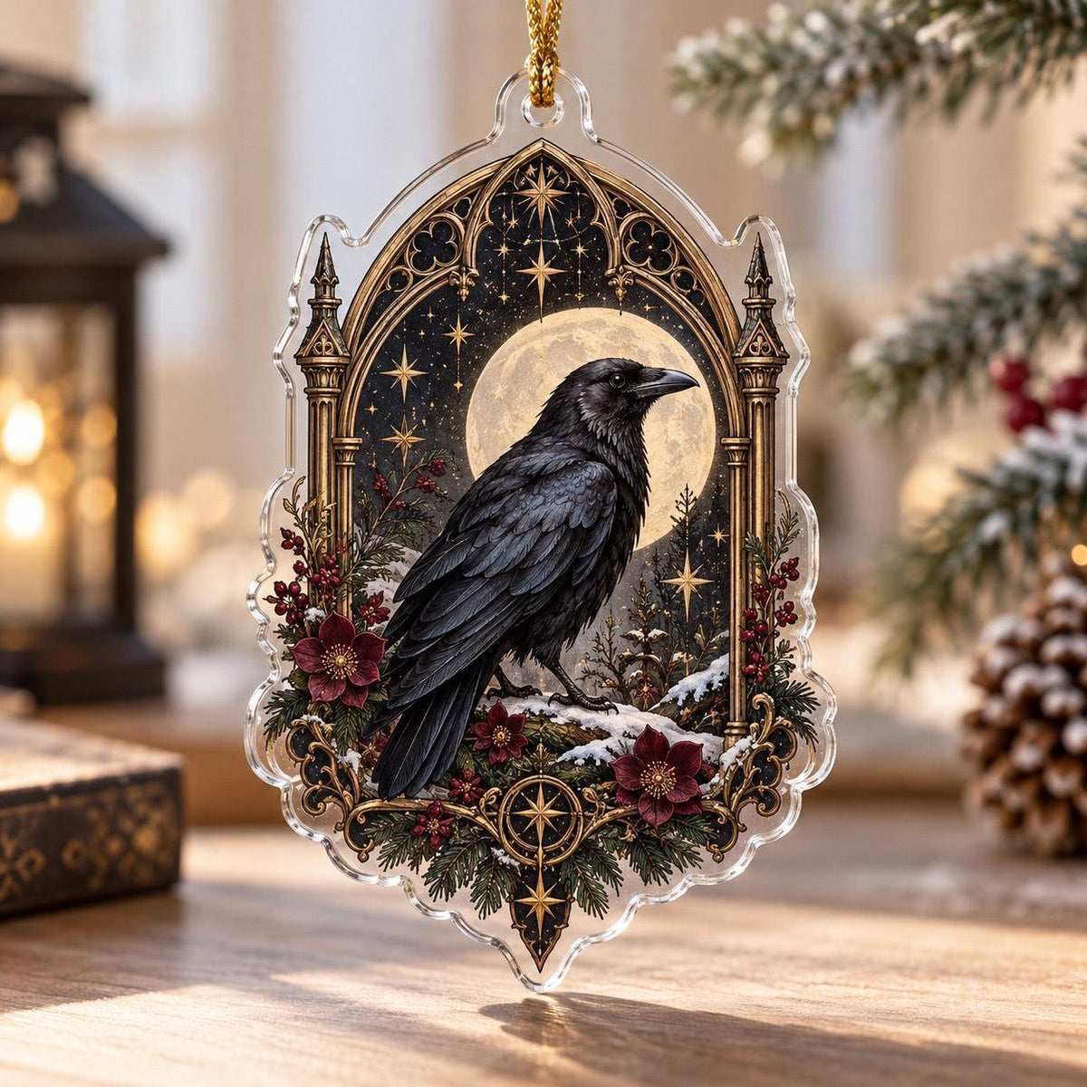 Raven Moon Gothic Acrylic Ornament Set – Witchy Yule Christmas Decor – Gothic Window Raven ornament