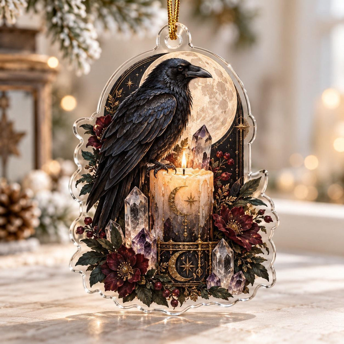 Raven Moon Gothic Acrylic Ornament Set – Witchy Yule Christmas Decor – Candle Raven ornament