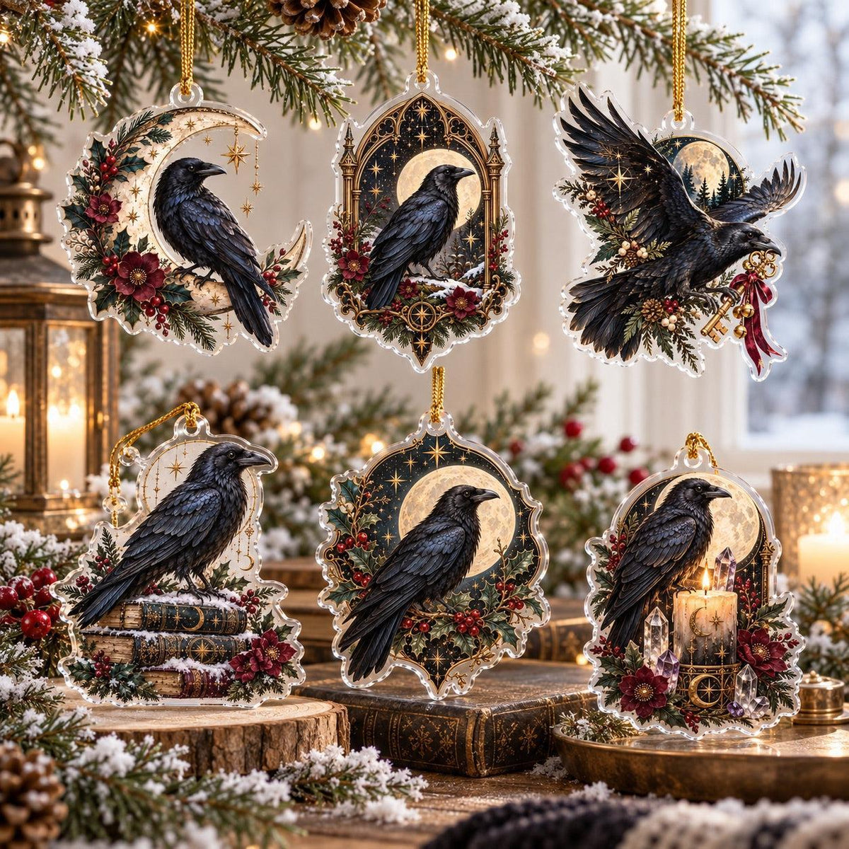 Raven Moon Gothic Acrylic Ornament Set – Witchy Yule Christmas Decor – set of 6 acrylic ornaments
