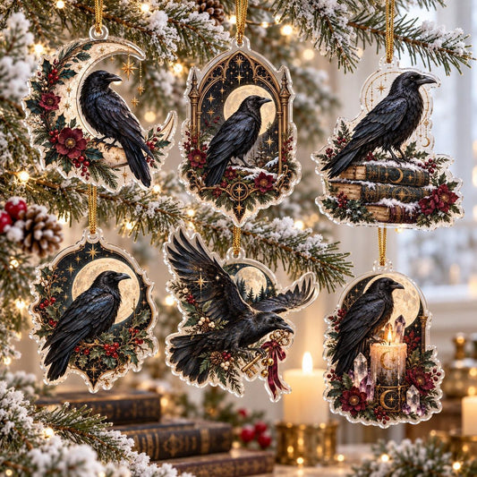 Raven Moon Gothic Acrylic Ornament Set – Witchy Yule Christmas Decor – set of 6, another view