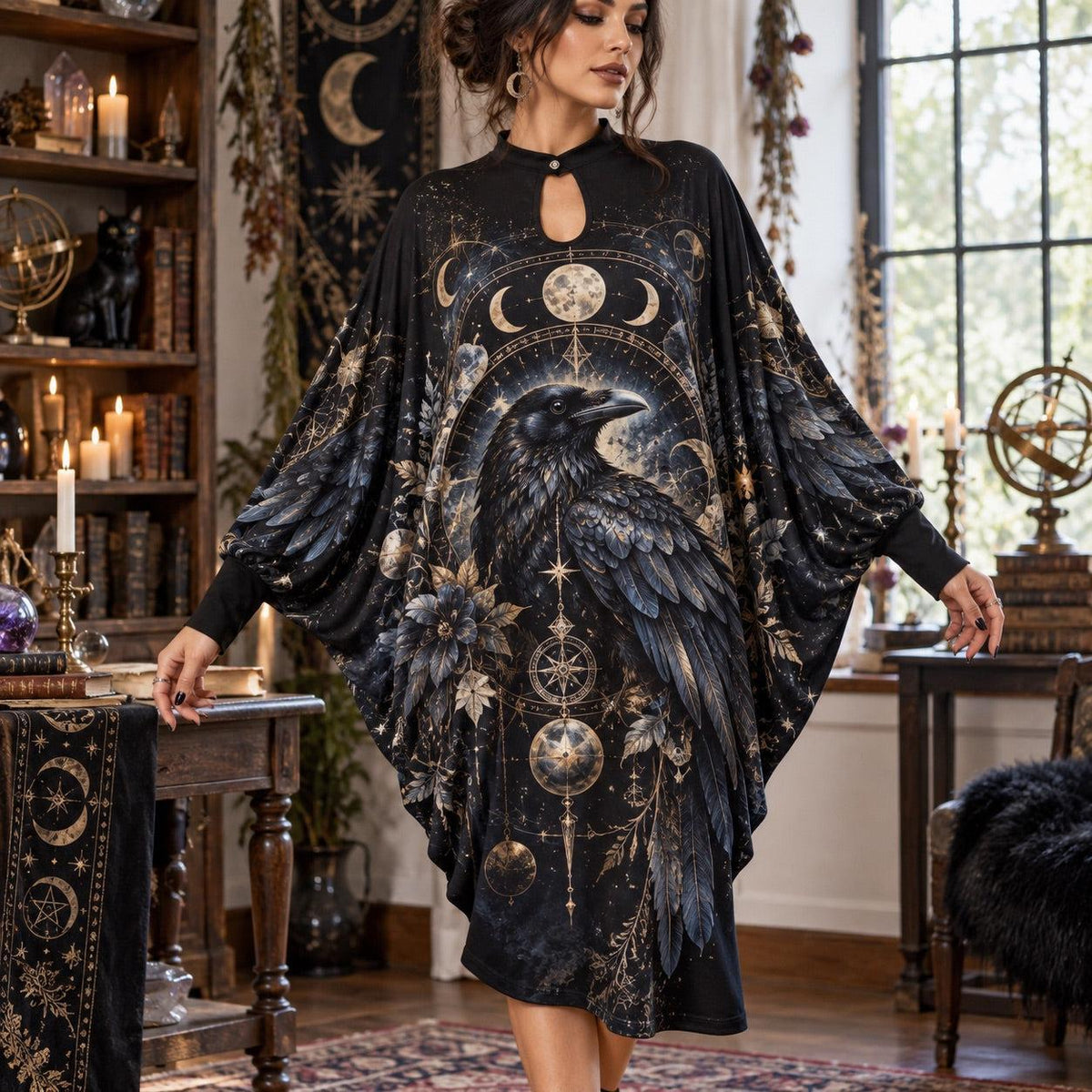 Raven Moon Gothic Batwing Dress – Witchy Celestial Dark Academia Midi – worn, front view