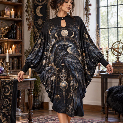 Raven Moon Gothic Batwing Dress – Witchy Celestial Dark Academia Midi – worn, front view