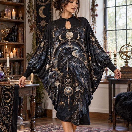 Raven Moon Gothic Batwing Dress – Witchy Celestial Dark Academia Midi – worn, front view