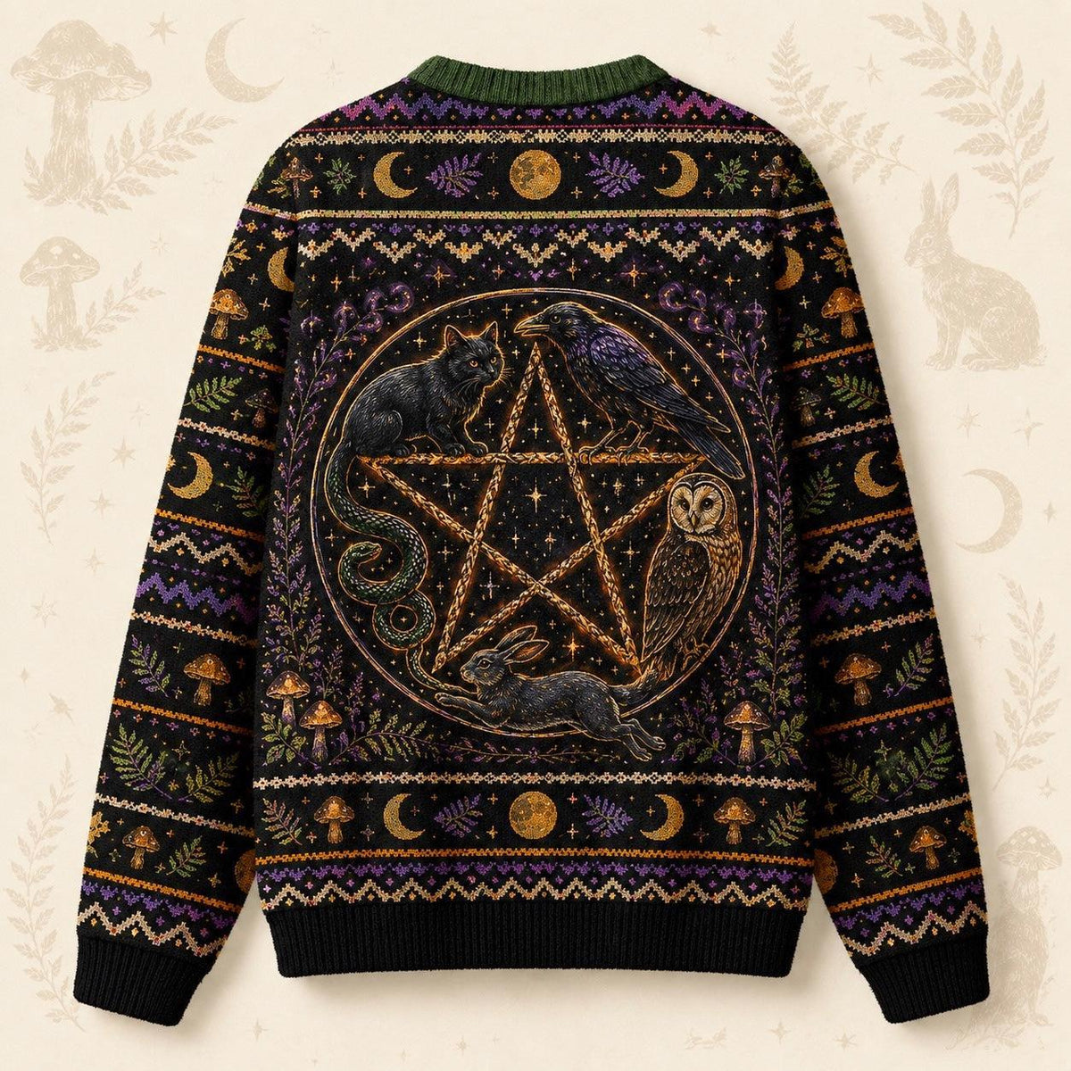 Raven Owl Hare Sweater Cauldron Pentacle Green Witch Knit back view