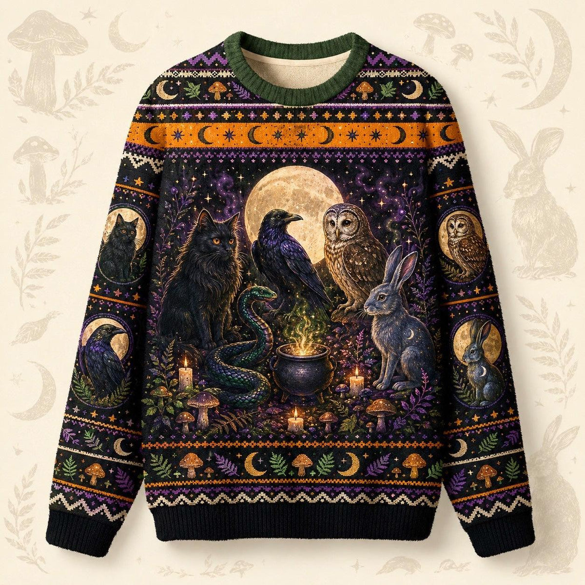 Raven Owl Hare Sweater Cauldron Pentacle Green Witch Knit front view