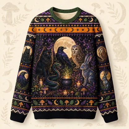 Raven Owl Hare Sweater Cauldron Pentacle Green Witch Knit front view