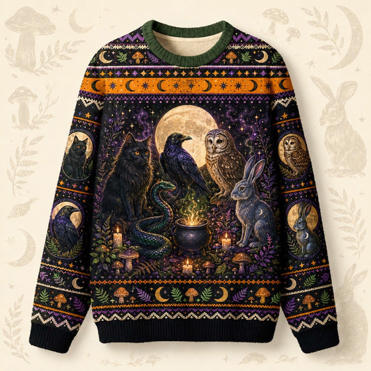 Raven Owl Hare Sweater Cauldron Pentacle Green Witch Knit front view