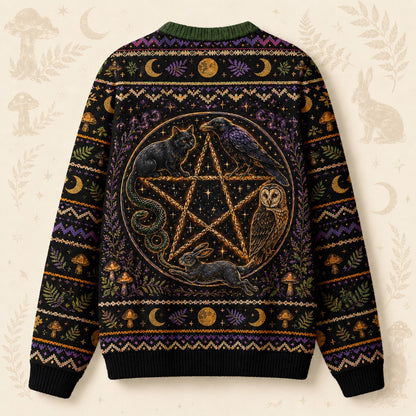 Raven Owl Hare Sweater Cauldron Pentacle Green Witch Knit back view