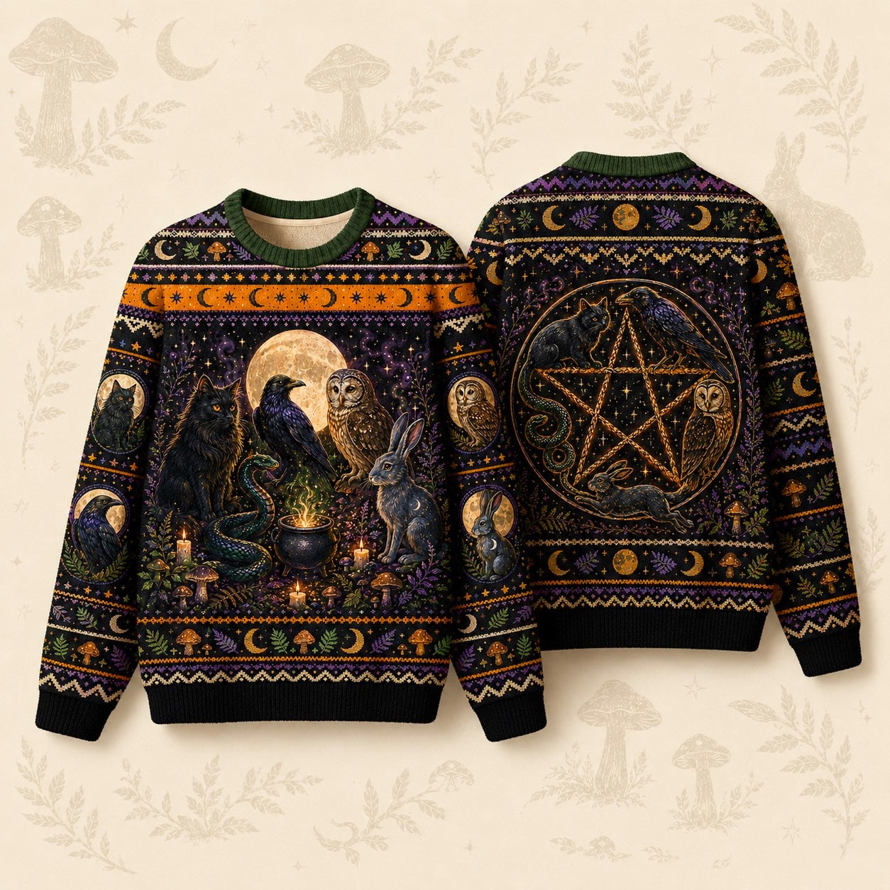 Raven Owl Hare Sweater Cauldron Pentacle Green Witch Knit front and back together