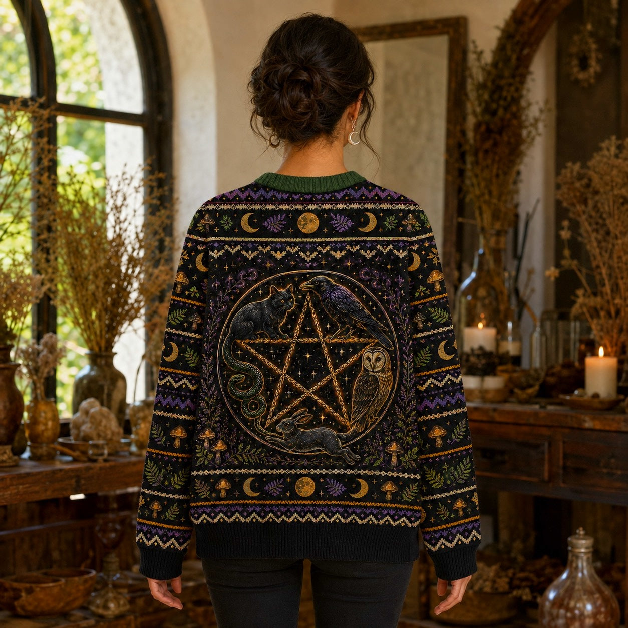 Raven Owl Hare Sweater Cauldron Pentacle Green Witch Knit worn, back view