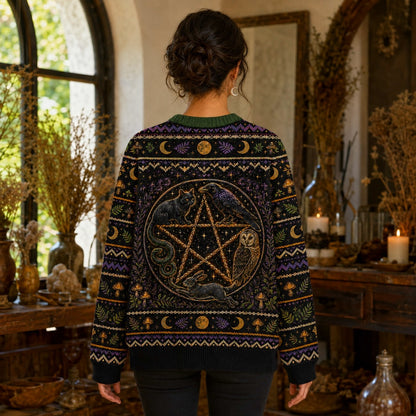 Raven Owl Hare Sweater Cauldron Pentacle Green Witch Knit worn, back view