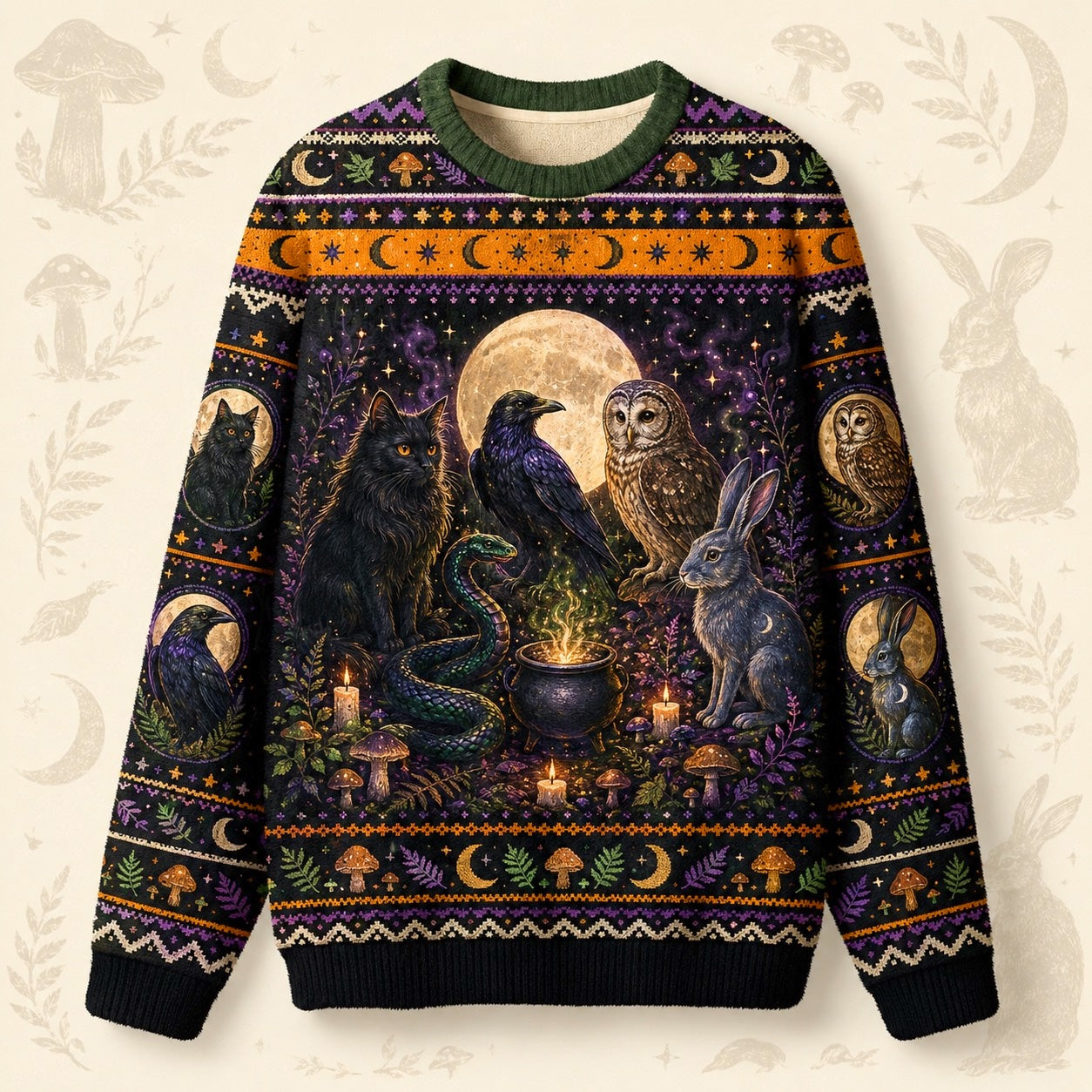 Raven Owl Hare Sweater Cauldron Pentacle Green Witch Knit front view