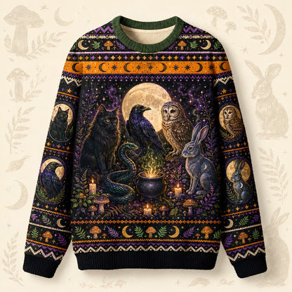 Raven Owl Hare Sweater Cauldron Pentacle Green Witch Knit front view