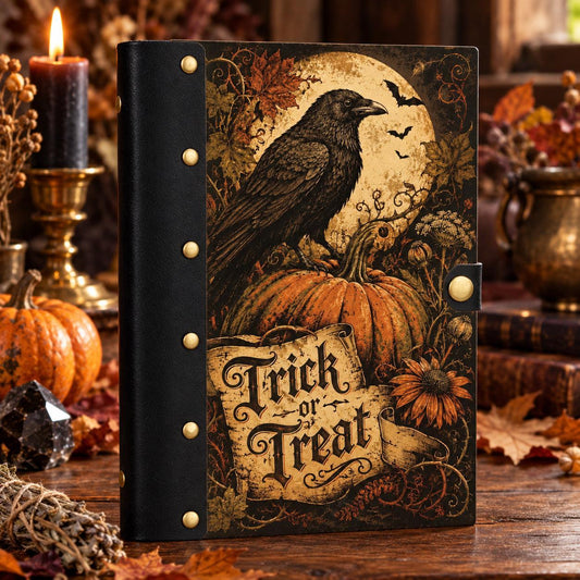 Raven Pumpkin Halloween Journal on a candlelit pagan ritual altar