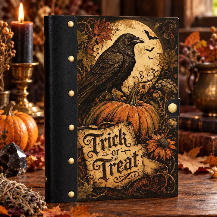 Raven Pumpkin Halloween Journal on a candlelit pagan ritual altar