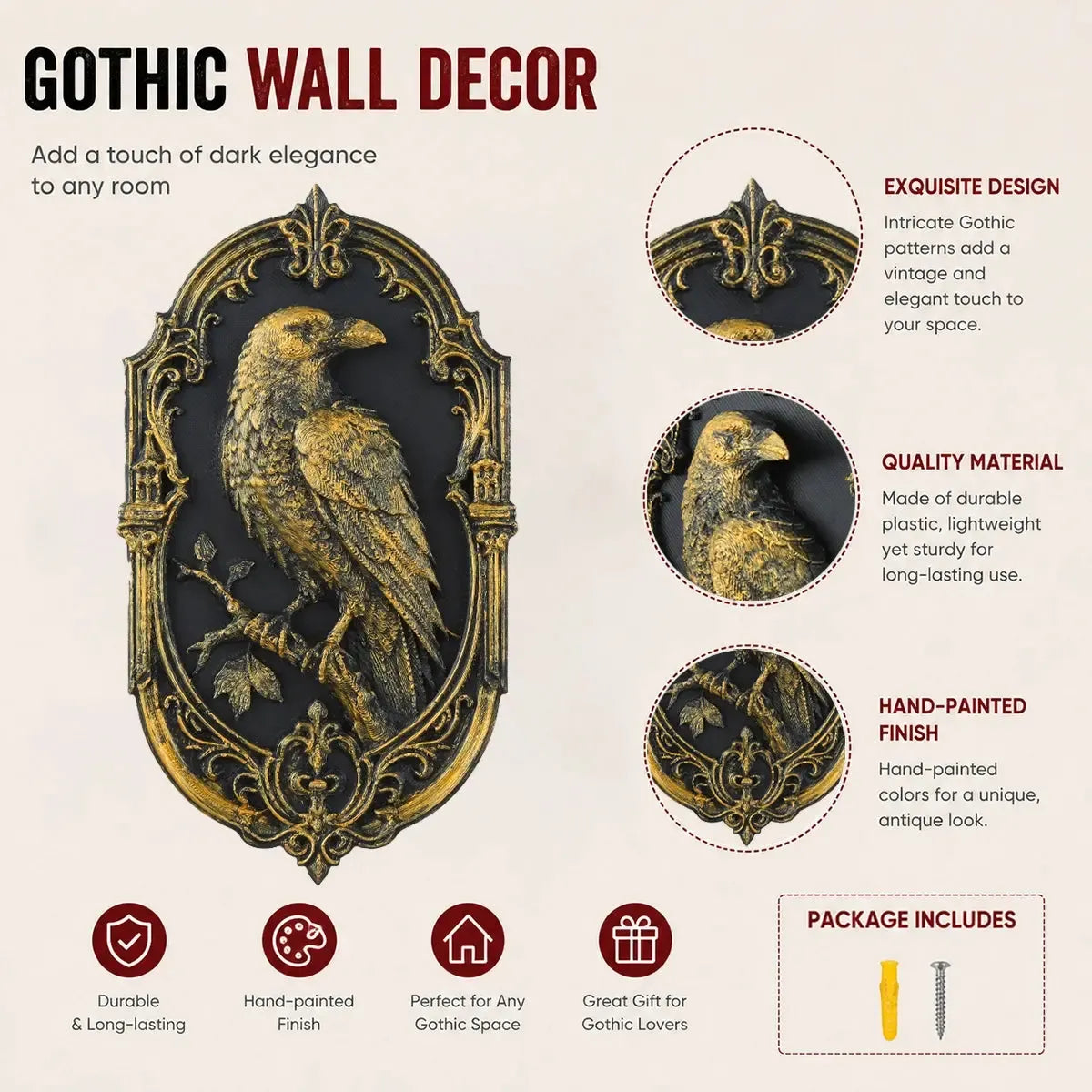 Raven wall plaque – carved crow and scroll detail close-up