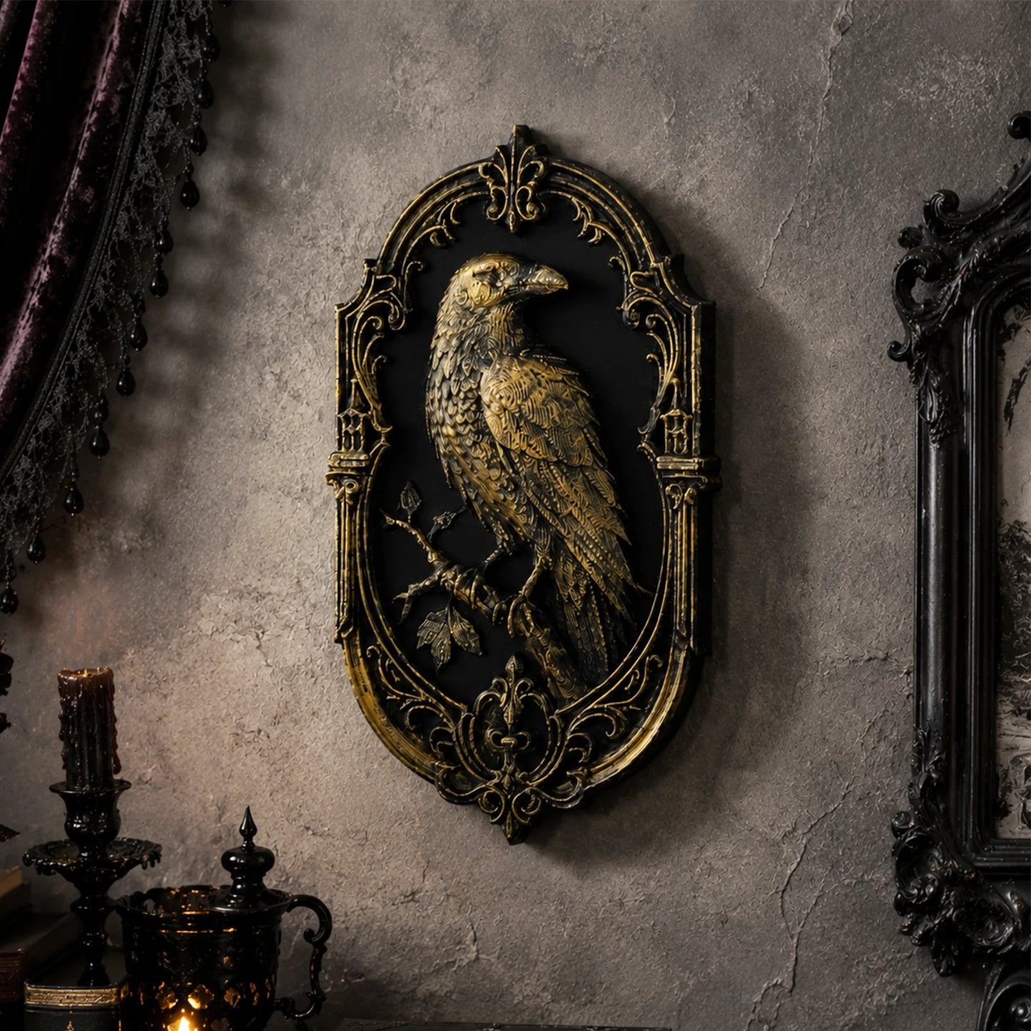 Raven relief wall plaque – baroque scroll gothic crow wall art, front view