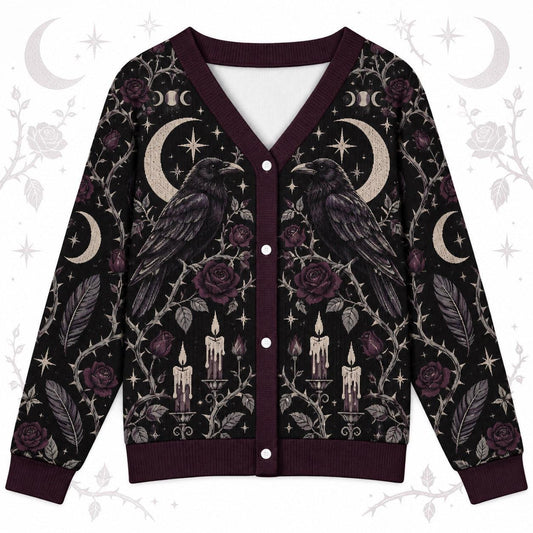 Raven Rose Moon Phase Samhain Cardigan for Women Gothic Witchy Sweater, front view