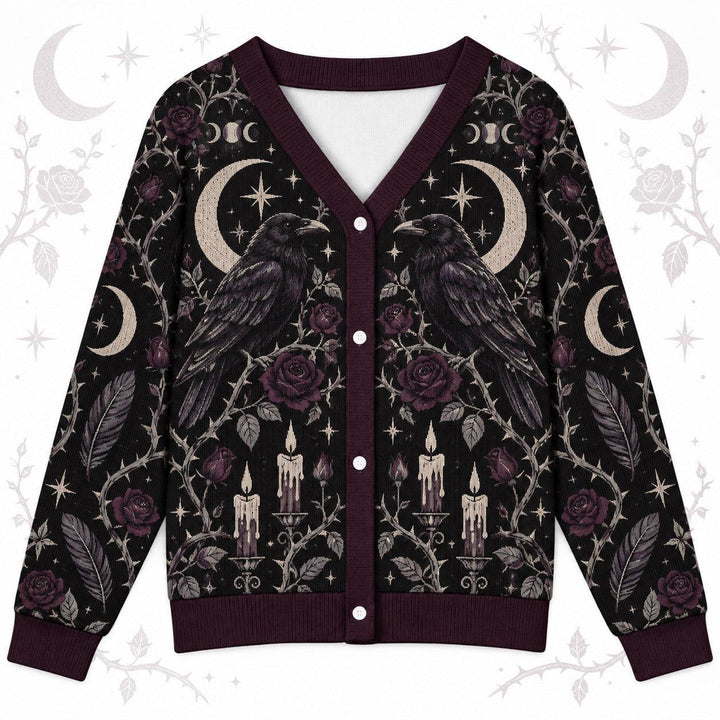 Raven Rose Moon Phase Samhain Cardigan for Women Gothic Witchy Sweater, front view